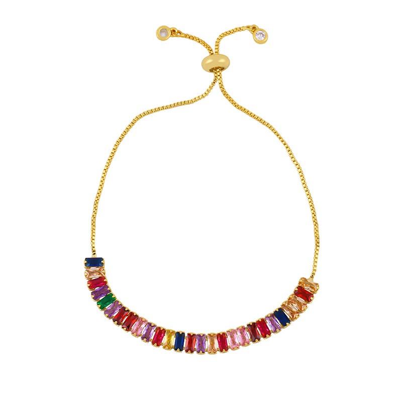 Adjustable Pull-String Zircon Bracelet Women 18K Gold Plated Copper With Multicolor Cubic Zirconia Geometric Design