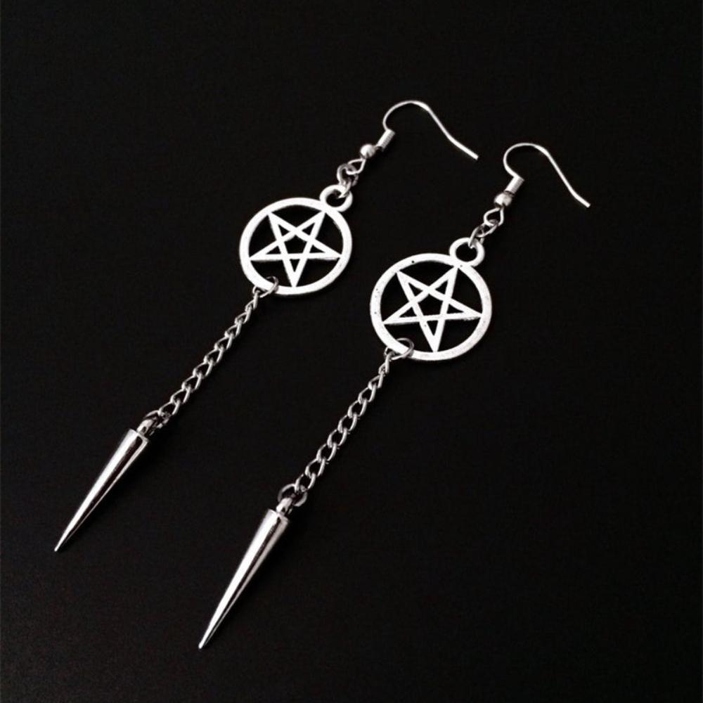 Personality Gothic Sliver Color Five-pointed Star Sword Dagger Tassels Dangle Earrings for Women Hallowmas Party Jewelry Gifts
