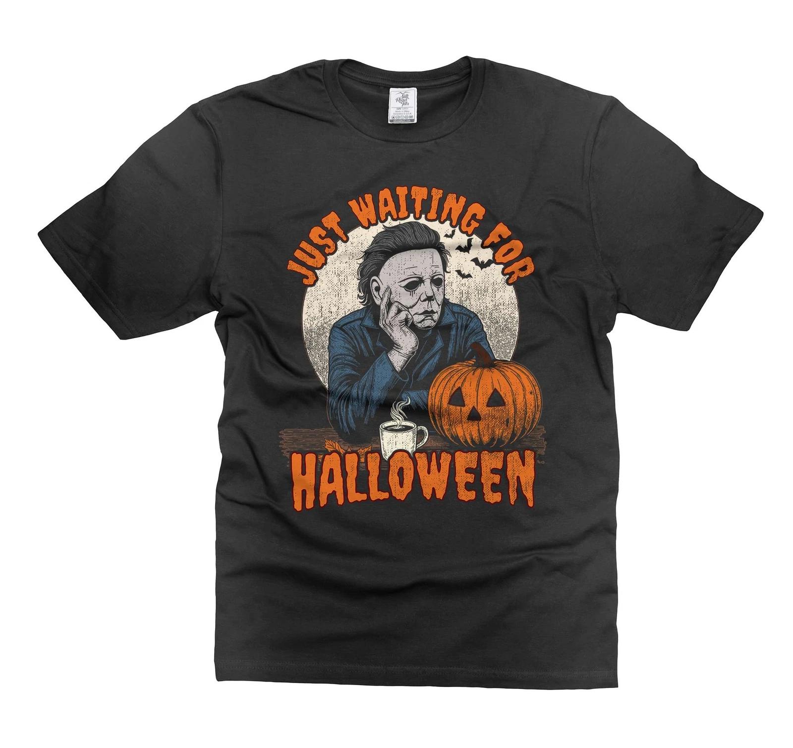 Mens Halloween t-shirt Michael Myers Shirt Just Waiting For Halloween Shirt L