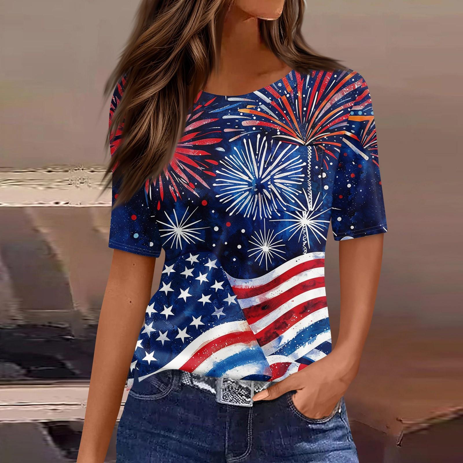 Women s Round Neck Pocket Independence Day Print Short Sleeve T-Shirt Top M