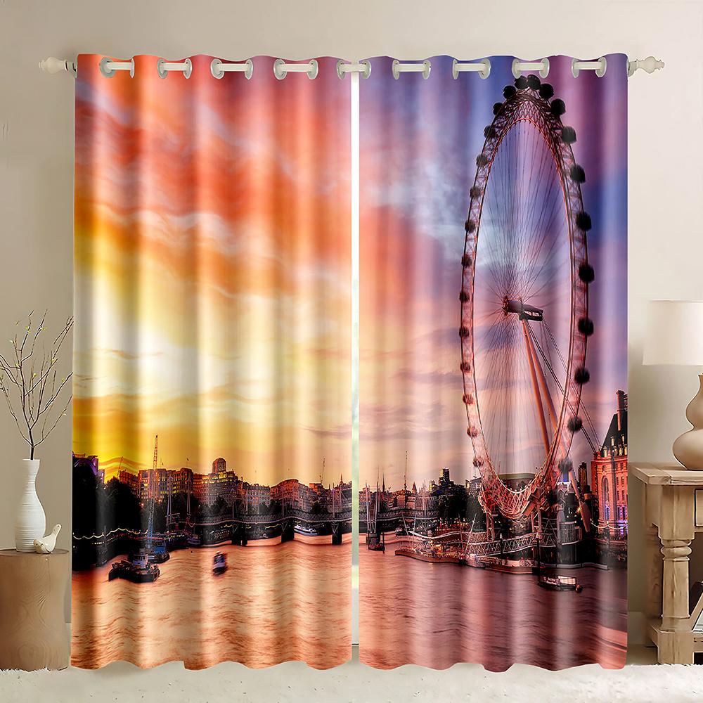 2pcs Prosperous Night City Architecture Scenery Printing Window Curtain for Bedroom, Living Room, Kitchen, Dining Room