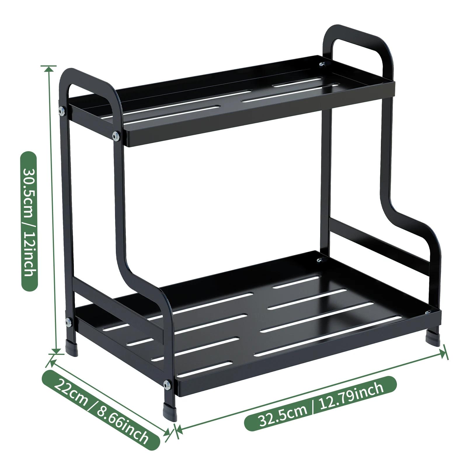 

Flat iron H-shaped multifunctional storage rack, freestanding metal shelf for kitchen, bathroom or living room, stable organizer 2-tier чорний