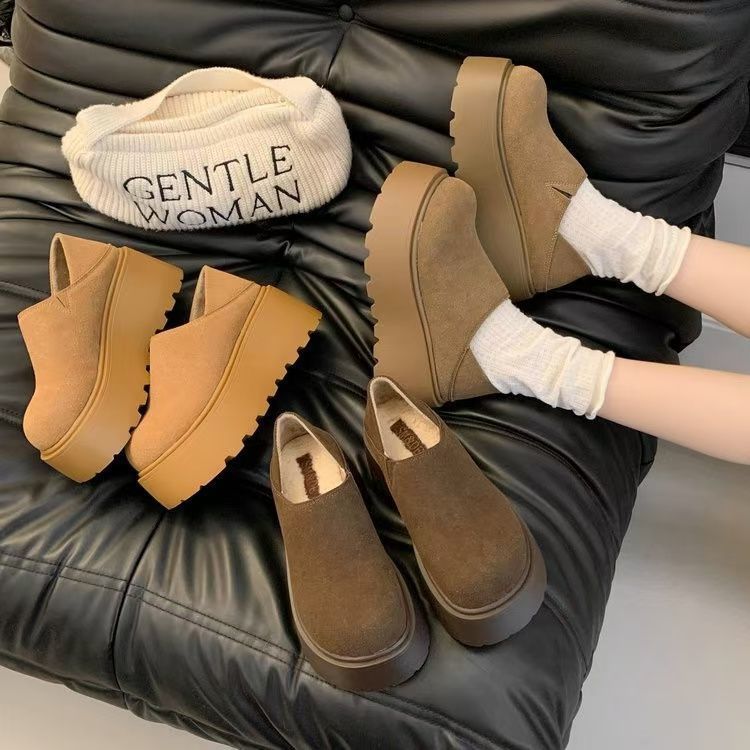 British retro muffin loafers 2024 autumn and winter new fashion lazy one-pedal thick-soled heightening cotton shoes women