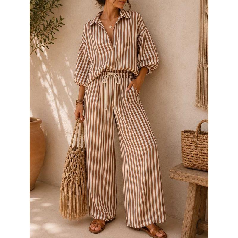 Women Fashion Striped Long Sleeve Shirt Loose Pants Two Piece Casual Set