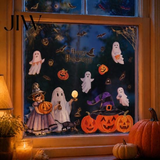Glass Door Holiday Murals 2Pcs Watercolor Halloween Static Window Clings, Ghost Witch Pumpkin Black Cat Bat Decals, No-Glue Home Ornaments