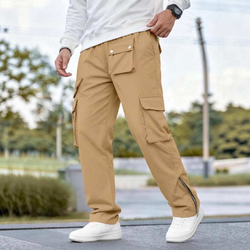 Mens Casual Multi Pocket Cargo Pants Straight Leg Zipper Detail Trousers