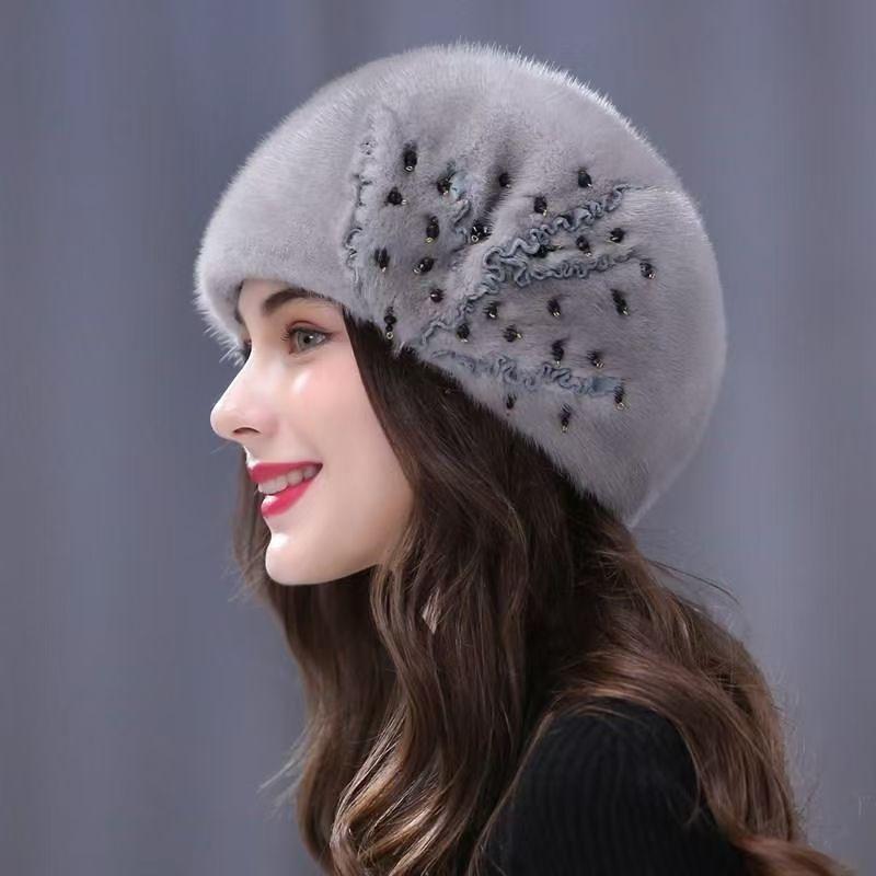 Mink Hair Hat Women's Winter Ear Protection Fashion Mother's Thermal Beret Octagonal Hat Mongolian Imitation Fur Headhat