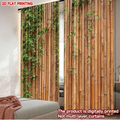 2 Peças Cortinas com Textura de Bambu Impressão Digital Plana 2D com Padrão de Madeira Natural e Folhas Verdes para Decoração de Sala de Estar e Quarto