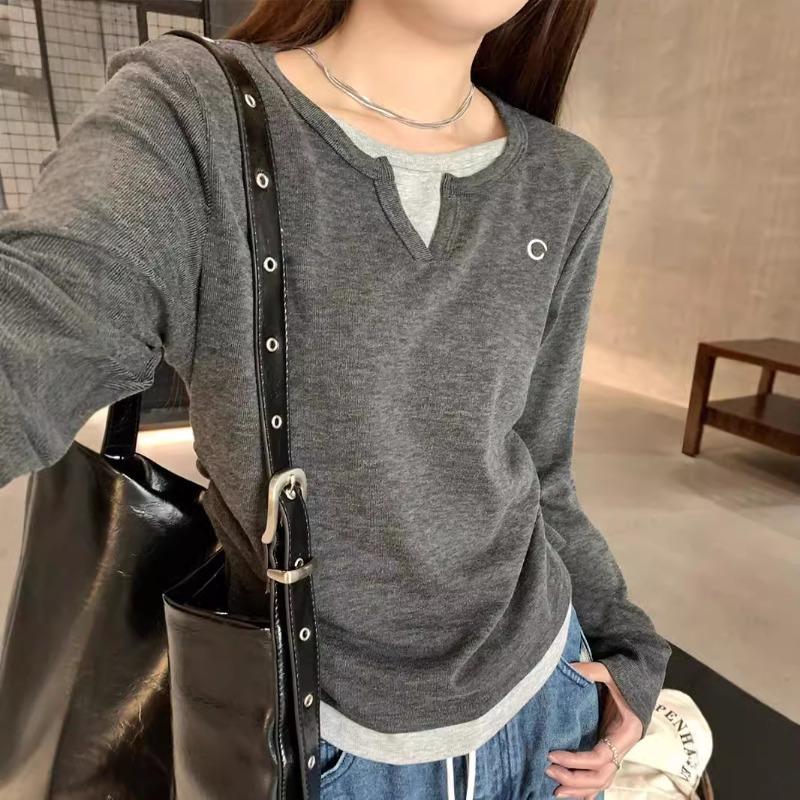 Hong Kong-style retro fake two-piece bottoming shirt women's spring waist pleated Spice Girl style long-sleeved T-shirt top