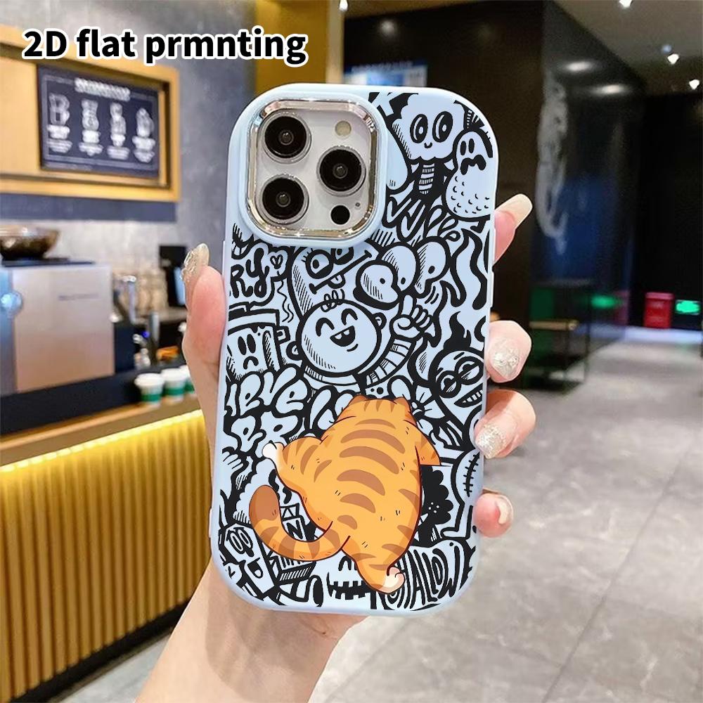 Phone case: 2D flat design suitable for iPhone 18 17 16 15 14 13 Pro protective case, couple style, orange cat back view, Christmas and Halloween gift