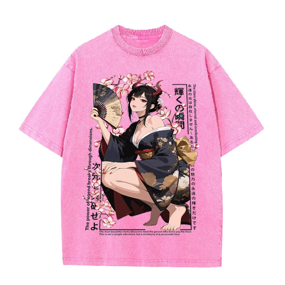 2026vintage Gewaschenes Beige Anime Kimono Mädchen Kirschblüten Grafik T-Shirt Japanischer Stil Druck Übergroß Lässig Kurzarm Tee