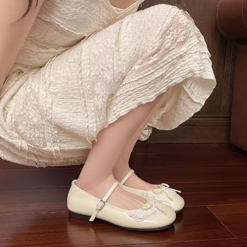 Shallow Single Shoes Spring Bow Flat Bottom Gentle Sweet Lace Lady Shoes Round Head Fashion Women's Shoes