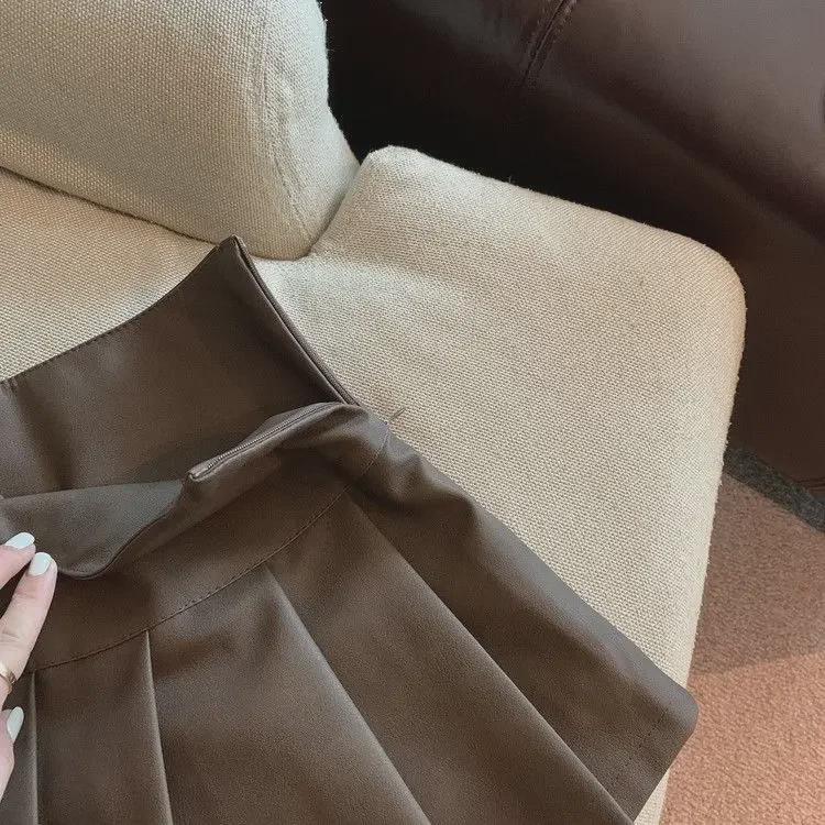 Women's Brown Leather A-Line Skirt: 2024 Autumn, High-Waist, Slim, Pleated, Fashionable PU Design