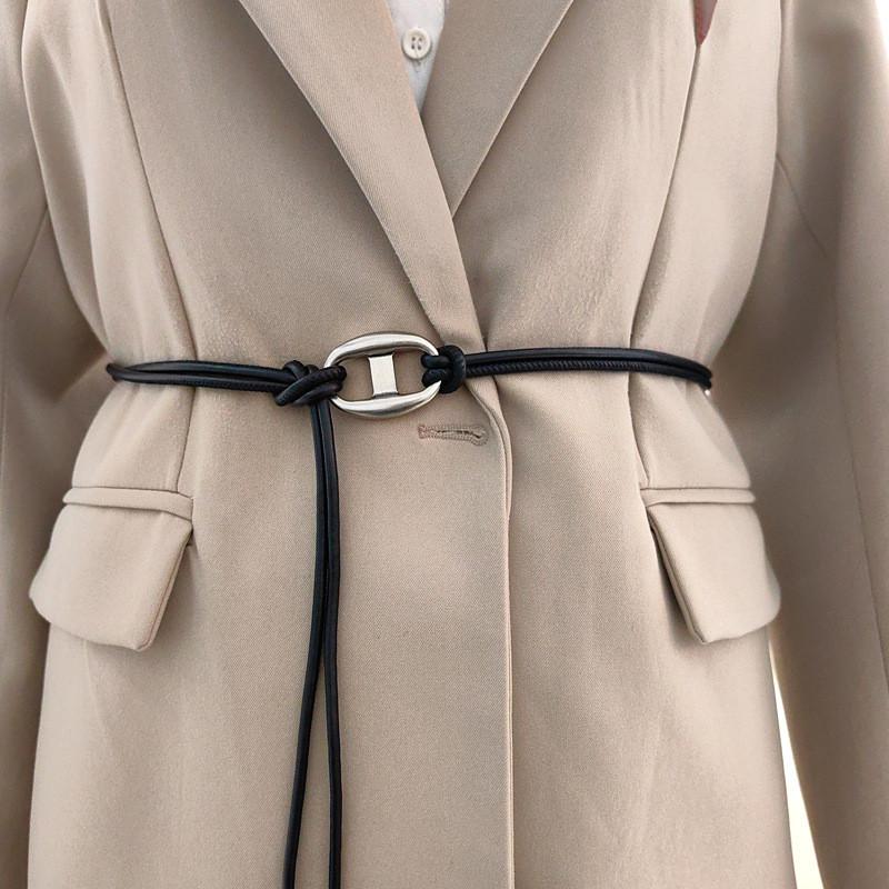 Black Pu Thin Waist Belt With Rolled Buckle For Elegant Workwear Style