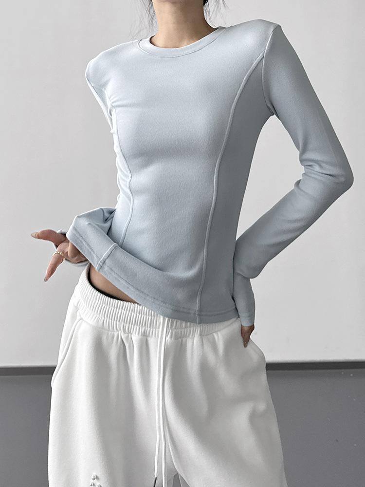 2025 Winter Women's Slim Fit Plus Velvet Long Sleeve Round Neck T-shirt