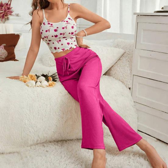 Damen Zweiteiliger Pyjama Set Ärmelloses Cami Crop Top Weitbein Hose Set Sommer Casual