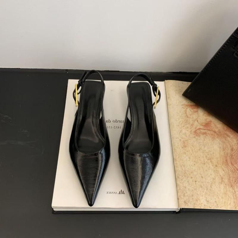 

Simple soft leather fairy slender low heel temperament bag head sandals casual rear tripple strap single shoes pointed small leather shoes 35