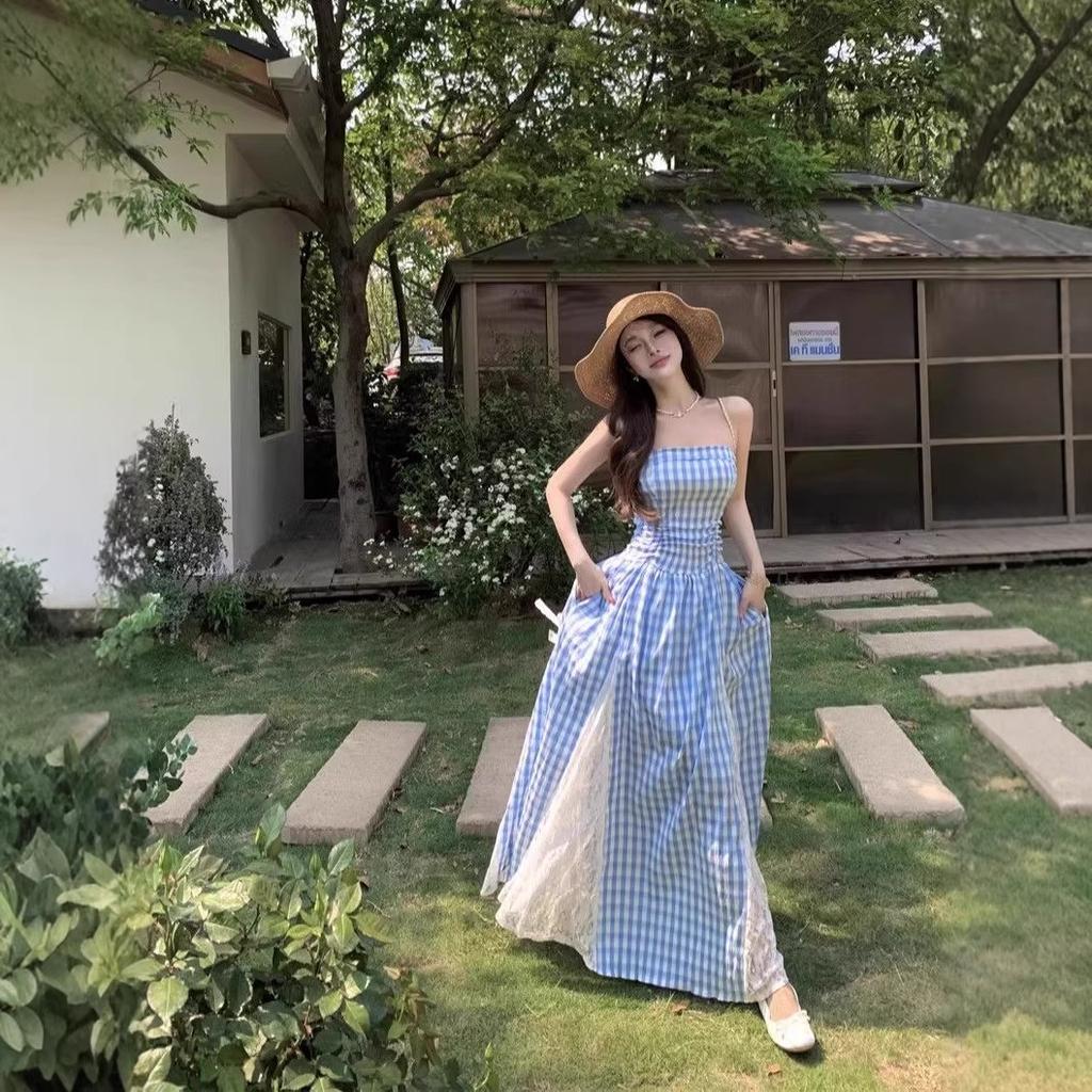 Holiday Style Plaid Splicing Lace Tube Top Dress Women's Spring and Summer New Retro French Waist Dress