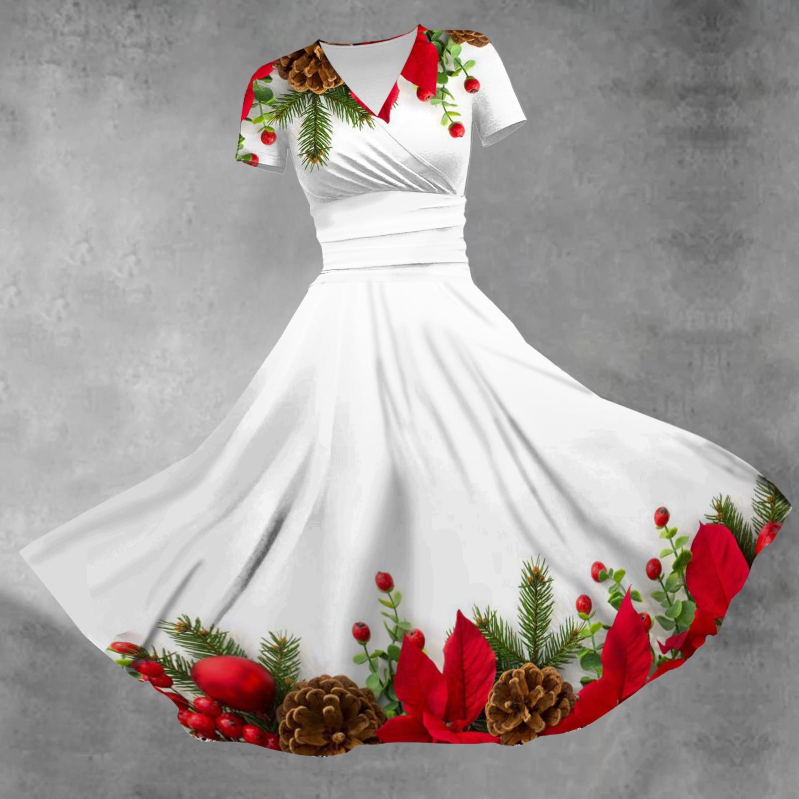 

Женское платье принцессы, сексуальное свободное платье с v-образным вырезом и рождественским принтом, с короткими рукавами M