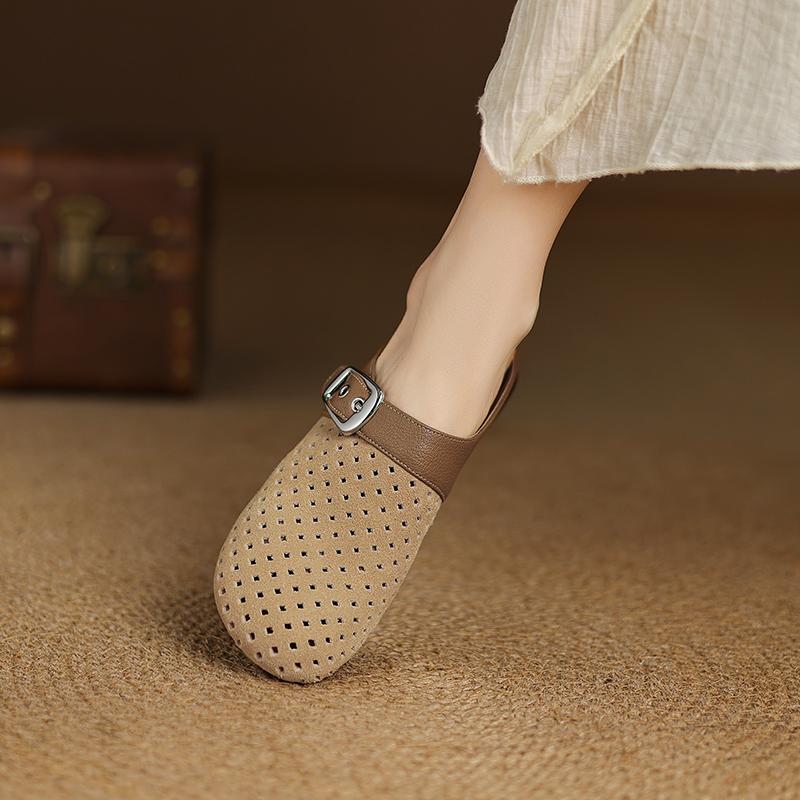 Fashion 2025 New Fashion Cow Suede Mueller Slippers Woman Low Heel Soft Bottom Casual Shoes Breathable Mesh Shoes Woman Fashion Shoes