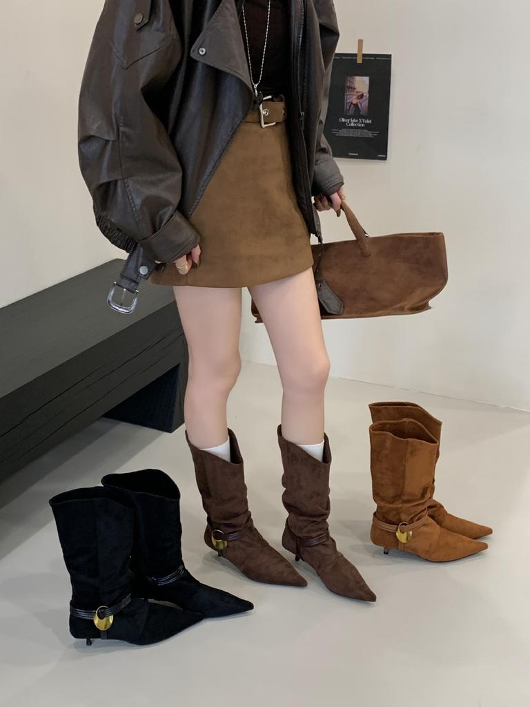 2025 niche pointed western boots folded stacking boots autumn and winter new fashion temperament thin high heel medium boots