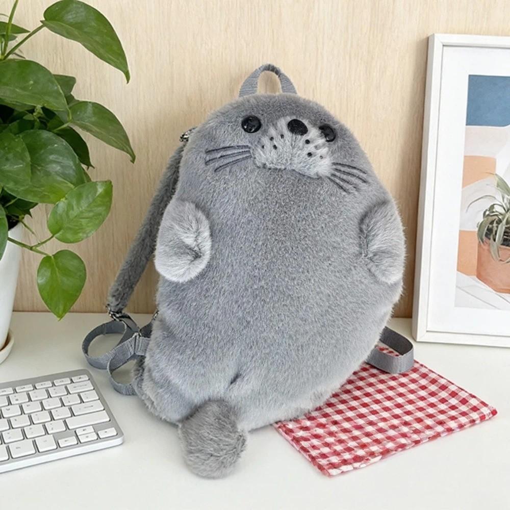 Fashion Soft Fluffy Cute Seal Shoulder Bag Cartoon Adjustable Straps Phone Bag Lightweight Fabric Handbag Women's Accessories