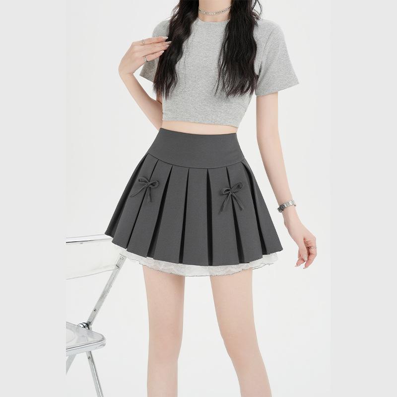 Korean Academy Style Pleated A-line Bow Skirt with Lace Patchwork Large серый