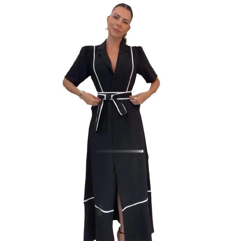 2024 Sommer Damen Colorblock Revers Krawatte Taille Kleid