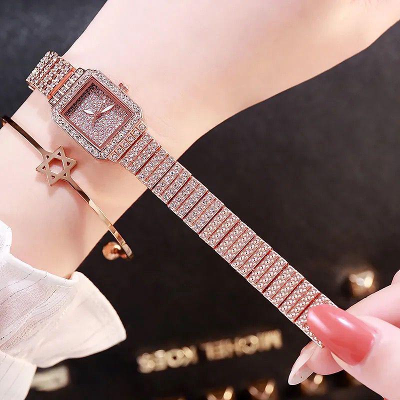 Women's Fashion Quartz Watch with Diamond-Inlaid Square Dial and Alloy Band.