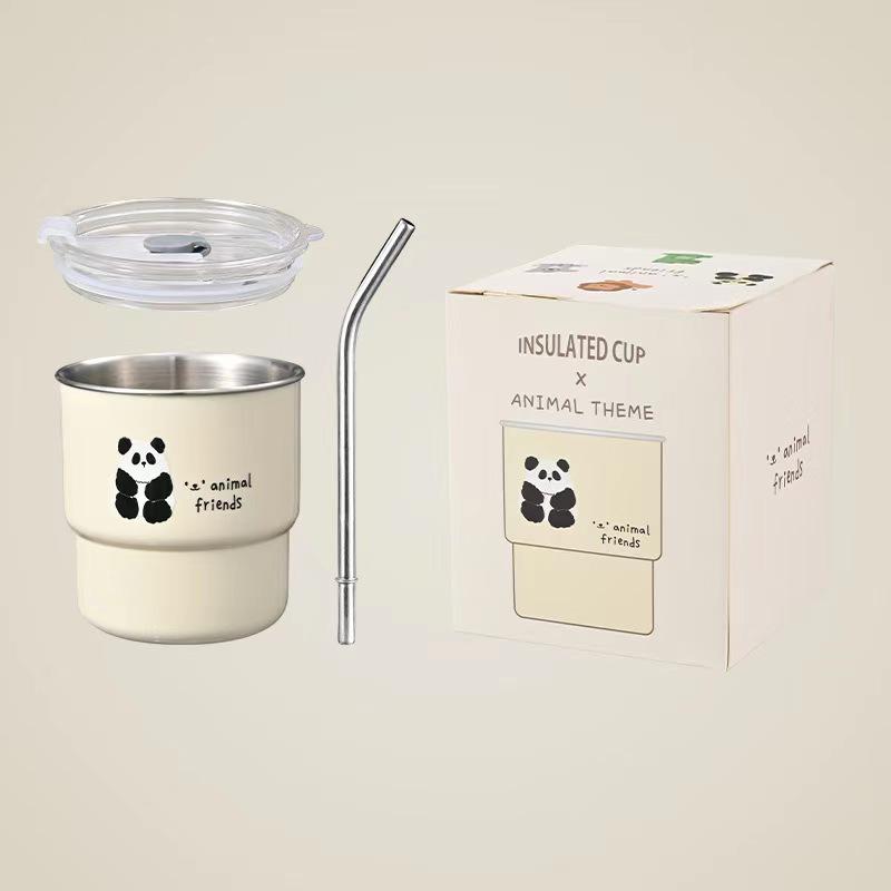 304 Stainless Steel Cartoon Coffee Cup with Lid & Straw, Portable Travel Mug for Home & Office