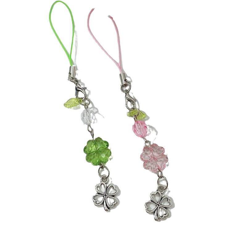 1Piece Crystal Lucky Four Leaf Clover Mobile Phone Chain Y2K Trendy Beaded Phone Lanyard Fashion Keychain Girl Gifts