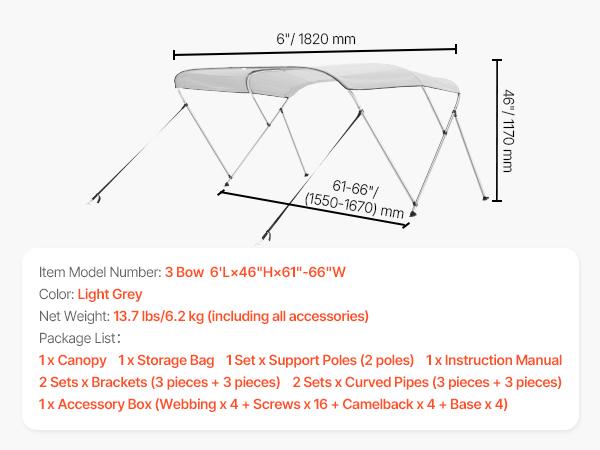 SucceBuy 3 Bow Boat Bimini Tops 600D Polyester Canopy with Aluminum Alloy Frame Waterproof Sun Shade Awning Canopy Fit for Boat