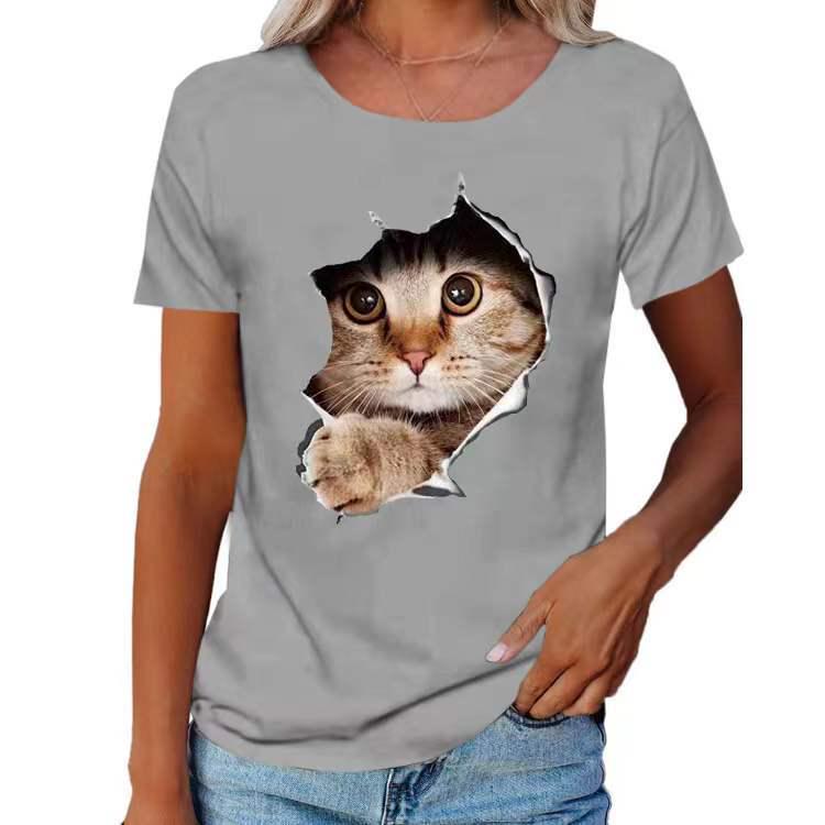 2024 Spring/Summer Women's Crew Neck Ripped Cat Graphic Loose Short Sleeve T-shirt.