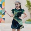Girls Round Neck Flutter Sleeve Colorful Gradient Printed A Line Flared Dress