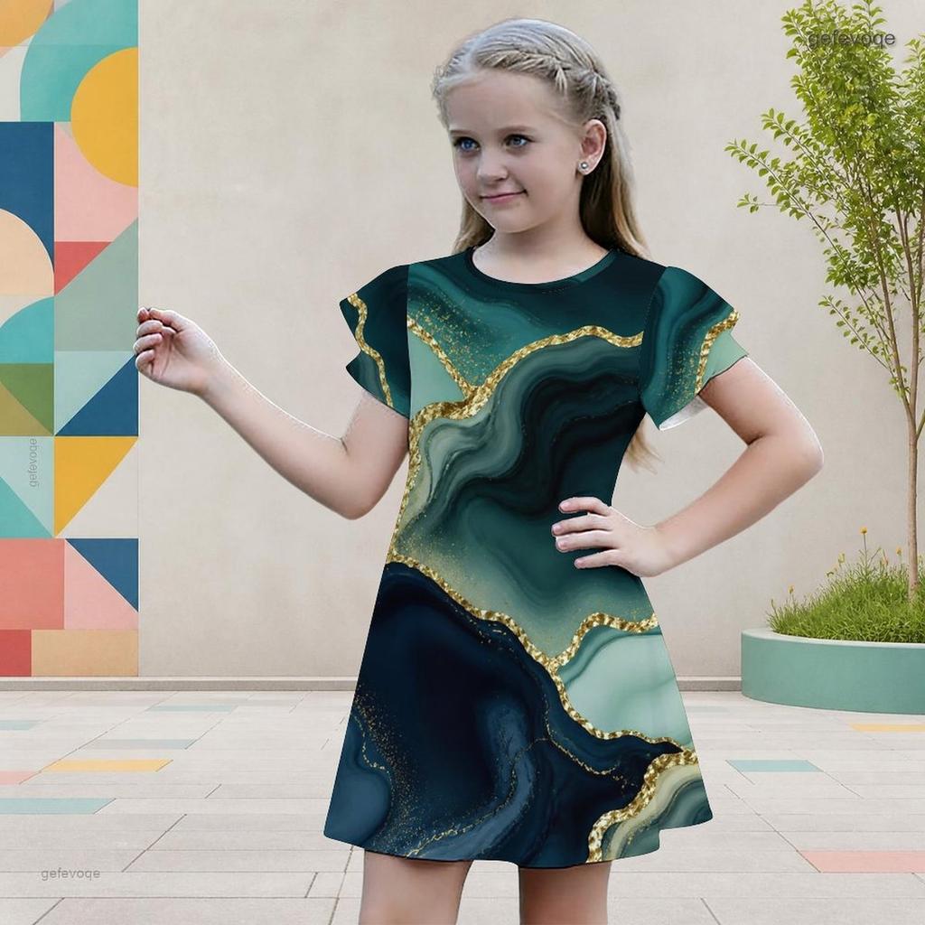 Girls Round Neck Flutter Sleeve Colorful Gradient Printed A Line Flared Dress