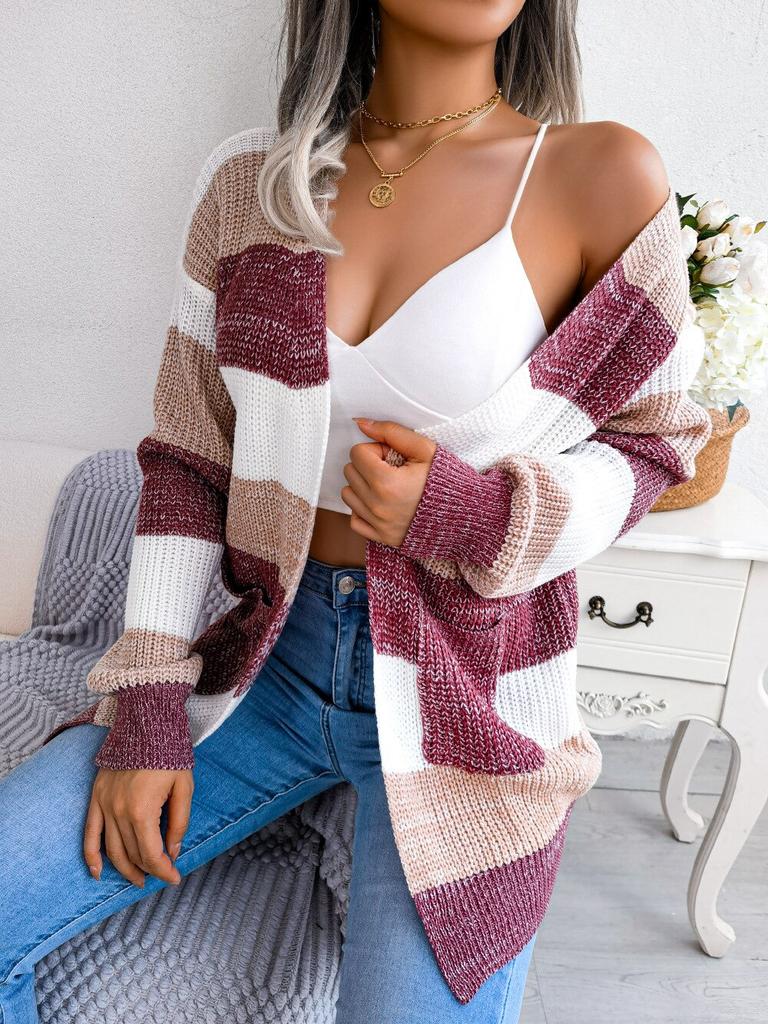Vintage Stripe Knitted Cardigan Women Long Sleeve Open Stitch Loose Sweaters Coat Casual Pull Femme Loose Elegant Knitwear 28204