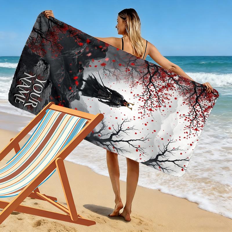 Name Custom Japanese Samurai Print Beach Towel, Large Soft Quick Dry Towel for Beach Camping Swimming