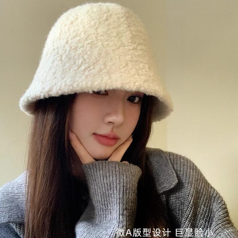 Lamb wool bucket hat autumn and winter versatile hat women's bucket hat plush basin hat
