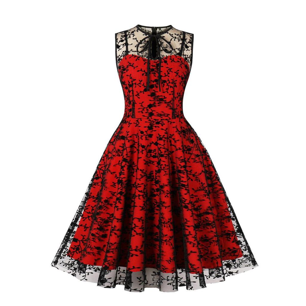 Women's Christmas Mesh Embroidered Midi Dress with Waist-Cinching and Sleeveless Design