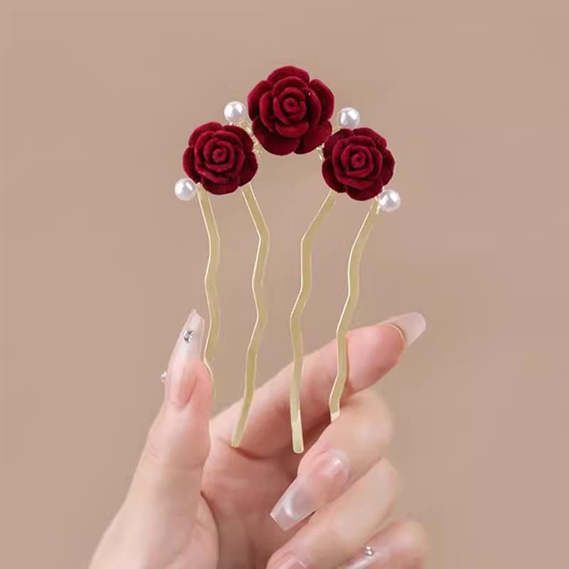 Ancient Style New Year Flower U-Shaped Hairpin For Women Girls High-End Elegant Hairpin Versatile Hair Accessories Gifts