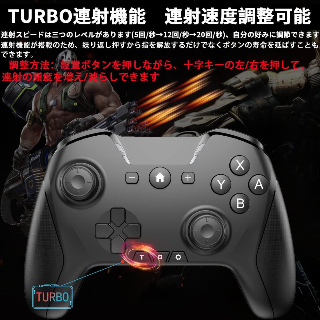 FONLAM Switch Compatible Controller for PC Android iOS Bluetooth Back Button Macro Rapid Fire Vibration Speed Adjustment Sleep Wake-up Black