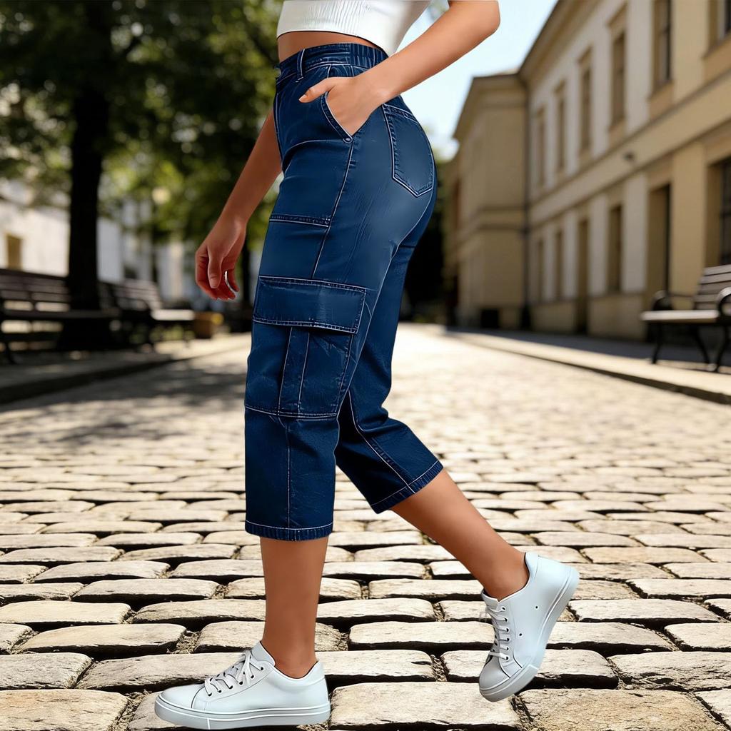 Women Denim Capri Pants Casual Loose Fit Mid Rise Stretchy Fabric Seven Quarter Length Cargo Style with Pockets