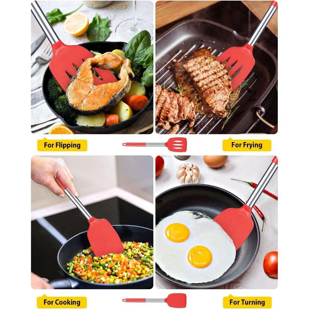 Pack of 2 Silicone Solid Turner, Non Stick Slotted Kitchen Spatulas, High Heat Resistant Cooking Utensils, Ideal Cookware for Fish, Eggs, Pancakes