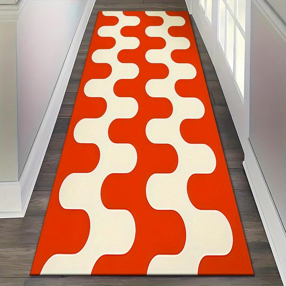 Retro Orange & White Wavy Geometric Print Runner Rug, Non-Slip Washable Durable Mat for Entryway, Hallway, Bedroom & Home Decor