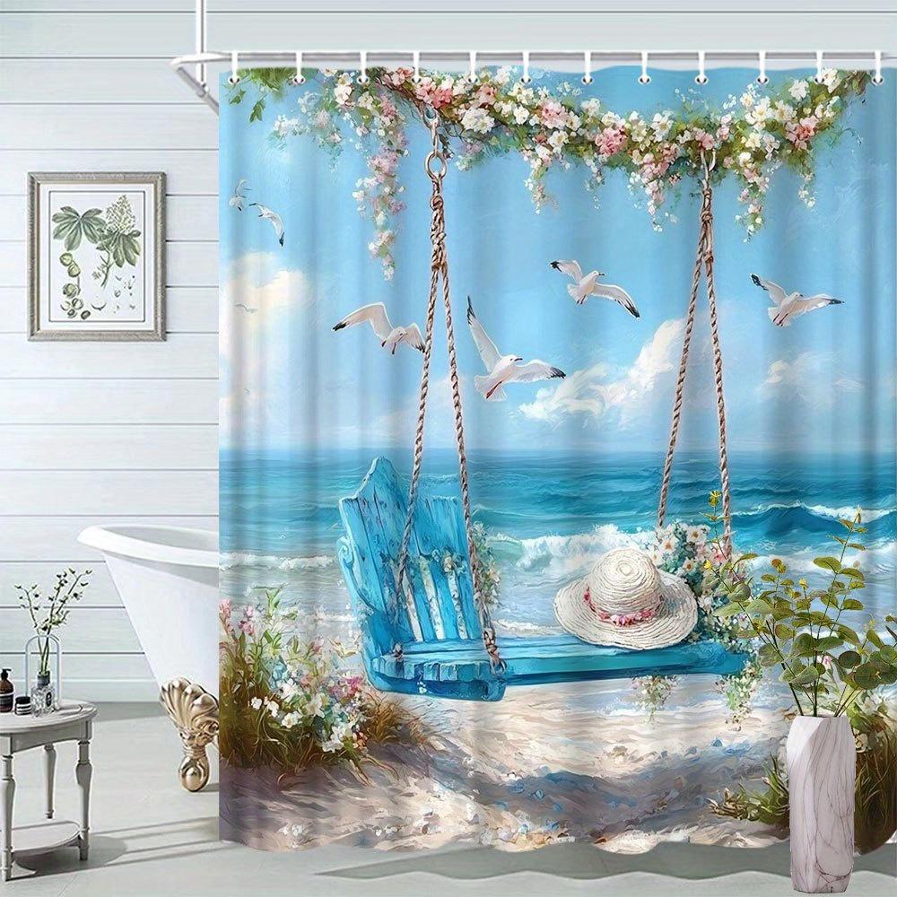 Beach Scenery Shower Curtain - Creative Sunshine, Hanging Chair & Seagull, Rich Flowers,Dreamy Bathroom Decor,Polyester,12 Hooks W90xH180cm
