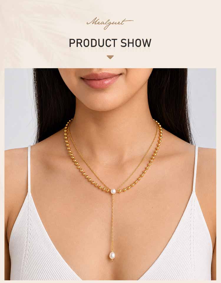 Pearl Y Necklace, 18K Gold Plated Stainless Steel, Waterproof Tarnish Free Lariat Choker Layering Jewelry Gift for Her
