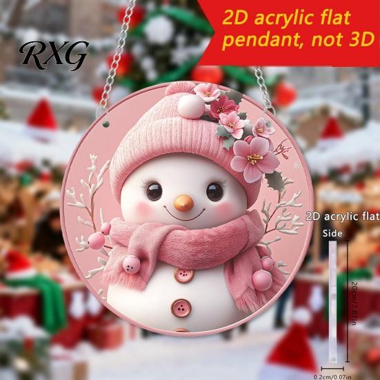 Christmas Tree Pendant Cute Pink Snowman Acrylic Hanging Decor, Cartoon Double Sided Printed Art Ornaments, Weatherproof Window Door Garden