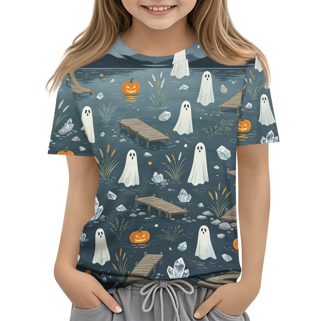 Kids Halloween Print Short Sleeve T Shirt Casual Crew Neck Top Boys Girls Comfortable Fit Soft Fabric Suitable for Everyday Wear