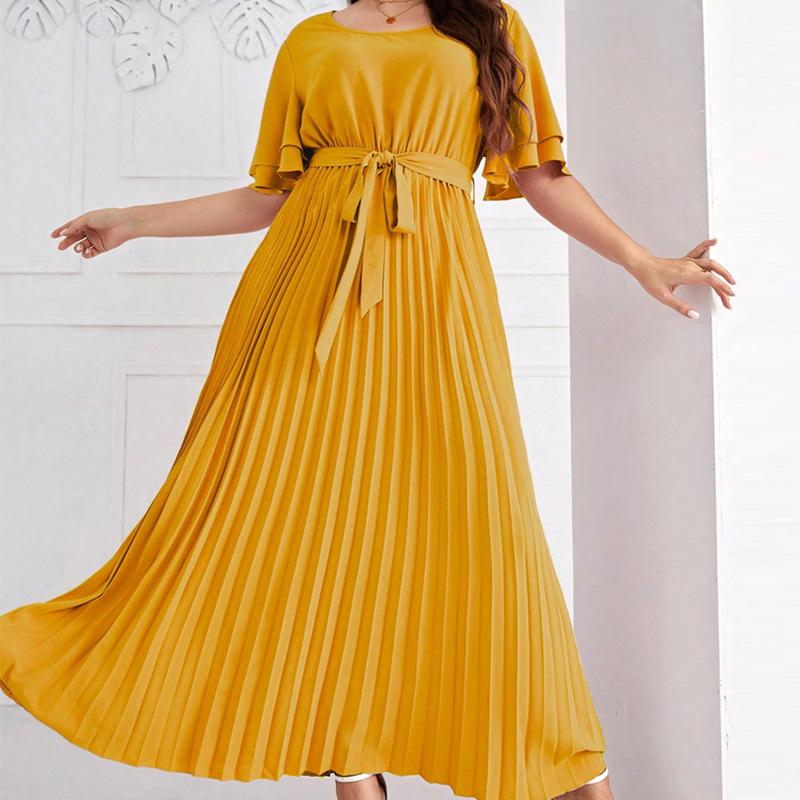 Elegant Long Swing Dress with Square Neck and Lace-up Design - Short Sleeve, Slimming, Pleated for Spring, Summer, Autumn
