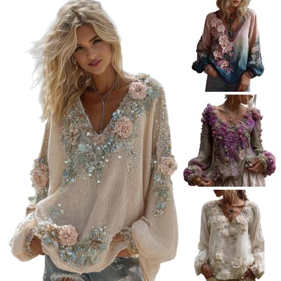 Women T-shirt V-Neck Long Sleeve 3D Flower Decor Pullover Tops with Faux Pearls Decor Spring Autumn Casual Tee Shirt